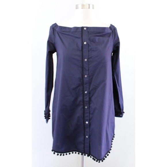 Derek Lam 10 Crosby Navy Blue Off the Shoulder Pompom Trim Tunic Top Blouse Sz 6 - Picture 5 of 10